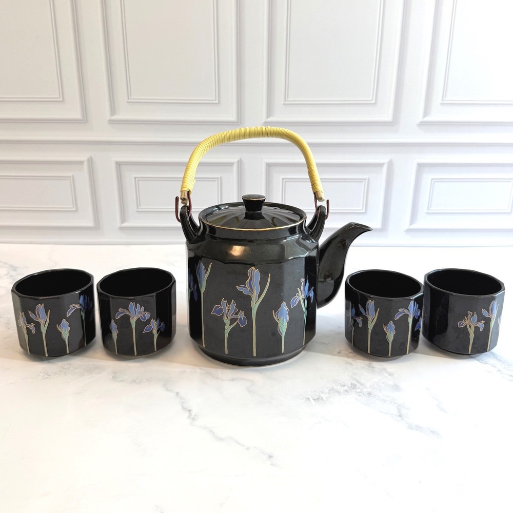 VTG Otagiri Japan Black Blue Iris Teapot Rattan Handle w/4 Teacups Set